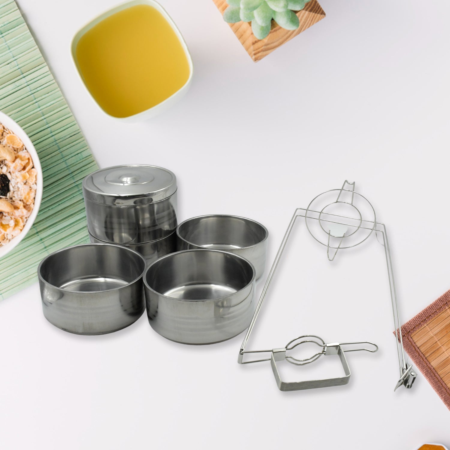 5 Compartment Lunch Box (Stainless Steel): Round Tiffin, Leakproof (16x5") - Image 6