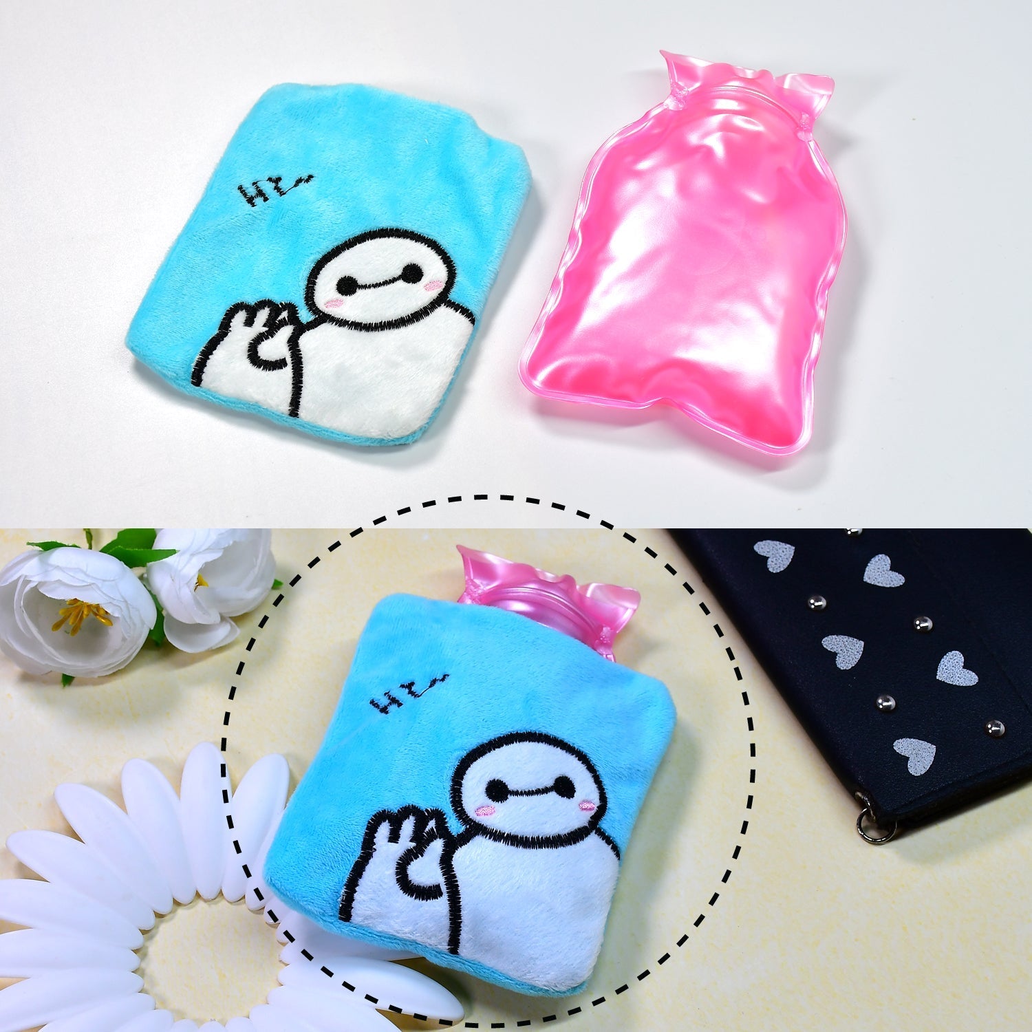 Blue Baymax Small Hot Water Bag with Cover for Pain Relief - Image 3