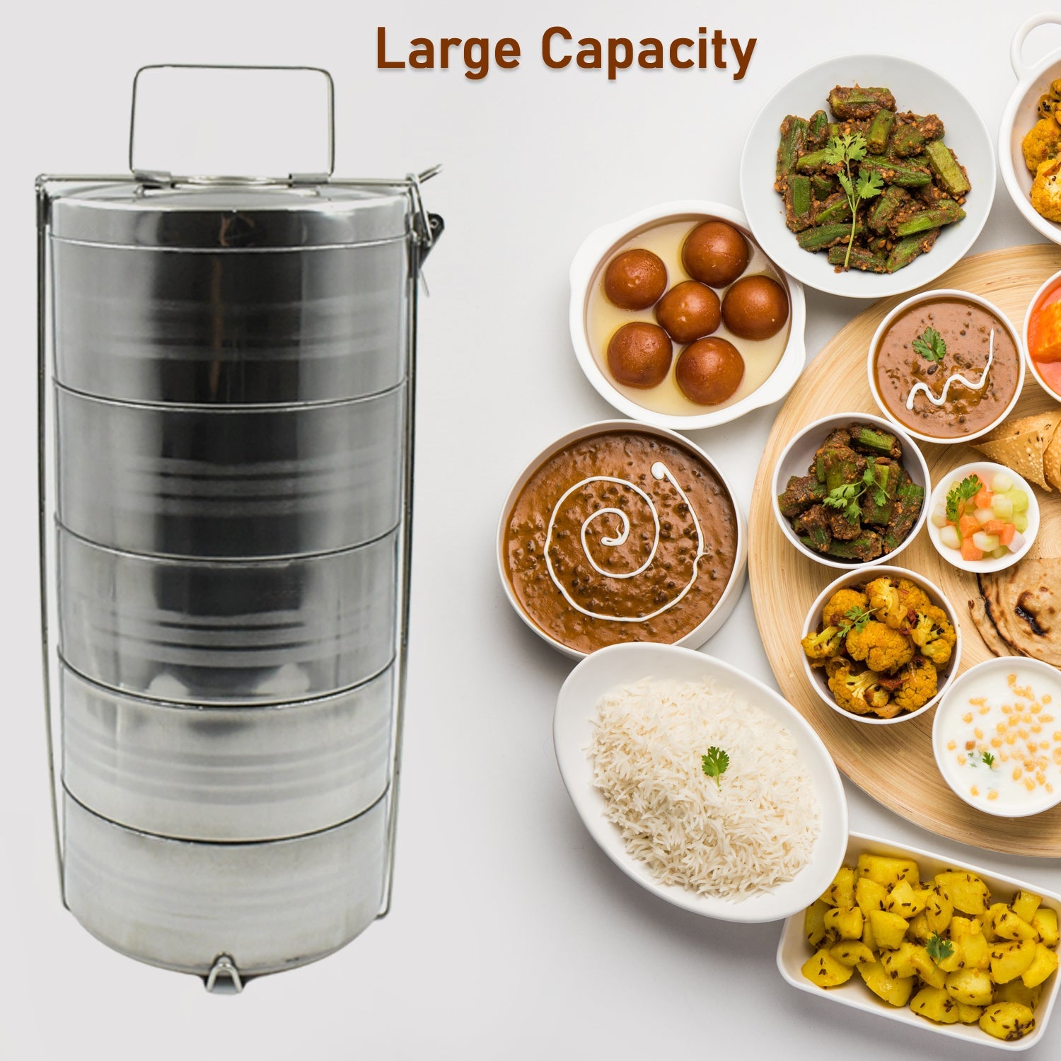 5 Compartment Lunch Box (Stainless Steel): Round Tiffin, Leakproof (16x5") - Image 5