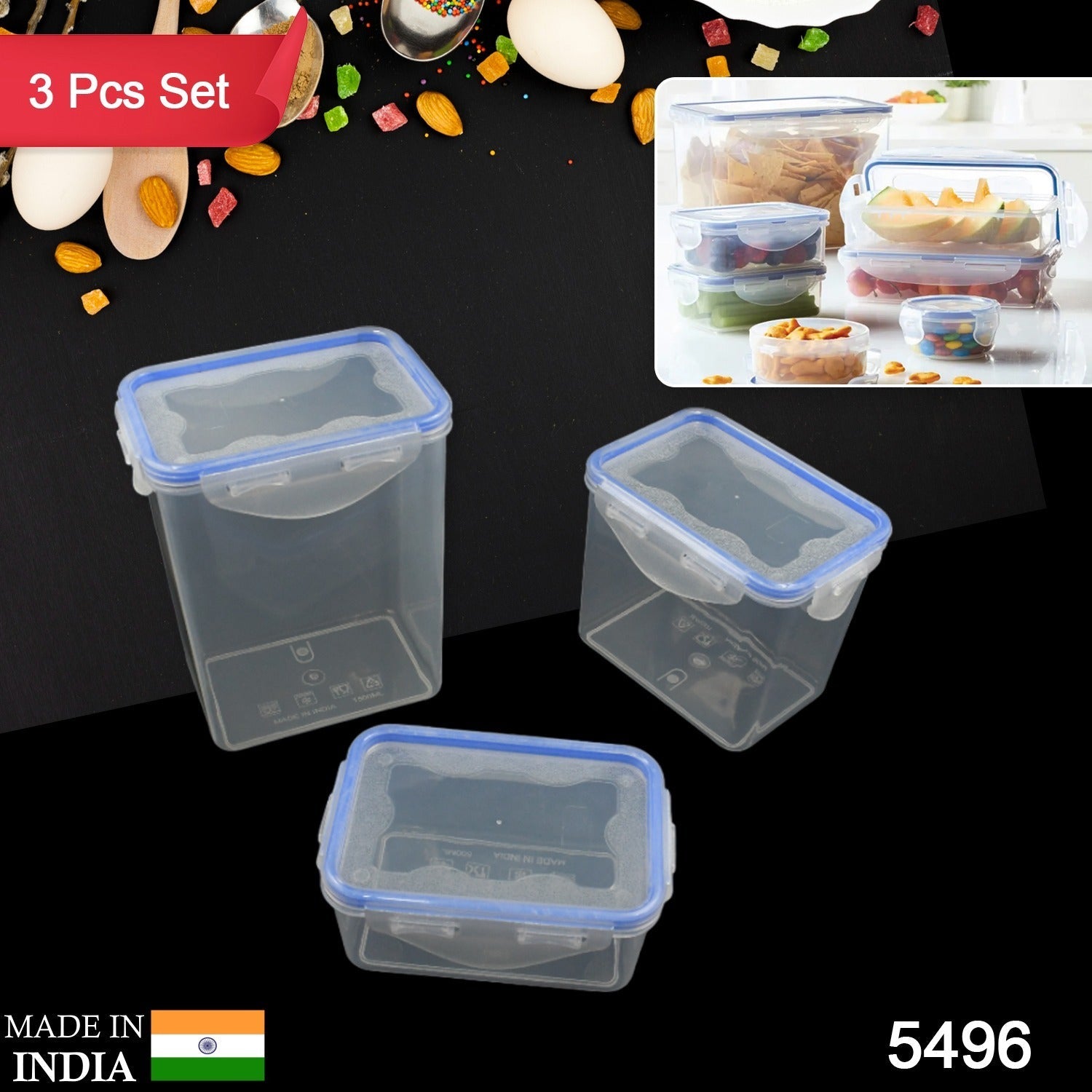 Kitchen Storage Container Set with Food Grade Plastic and Air Seal Lock Lid for Storage of Grocery, Spices, Dry fruits Use For Home, Office, Restaurant, Canteens (3 Piece Set) - Image 2