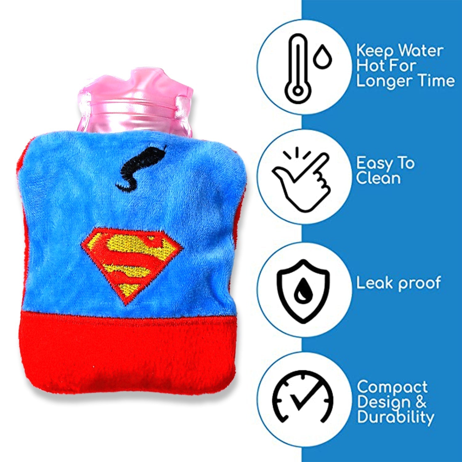 Superman Print Small Hot Water Bag with Cover for Pain Relief - Image 6