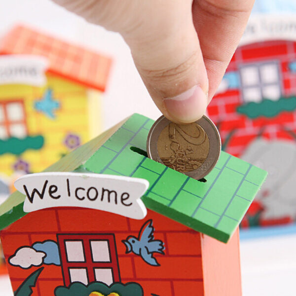 Cute Cartoon House Shaped Lovely Wooden Piggy Bank Money Bank - Image 3