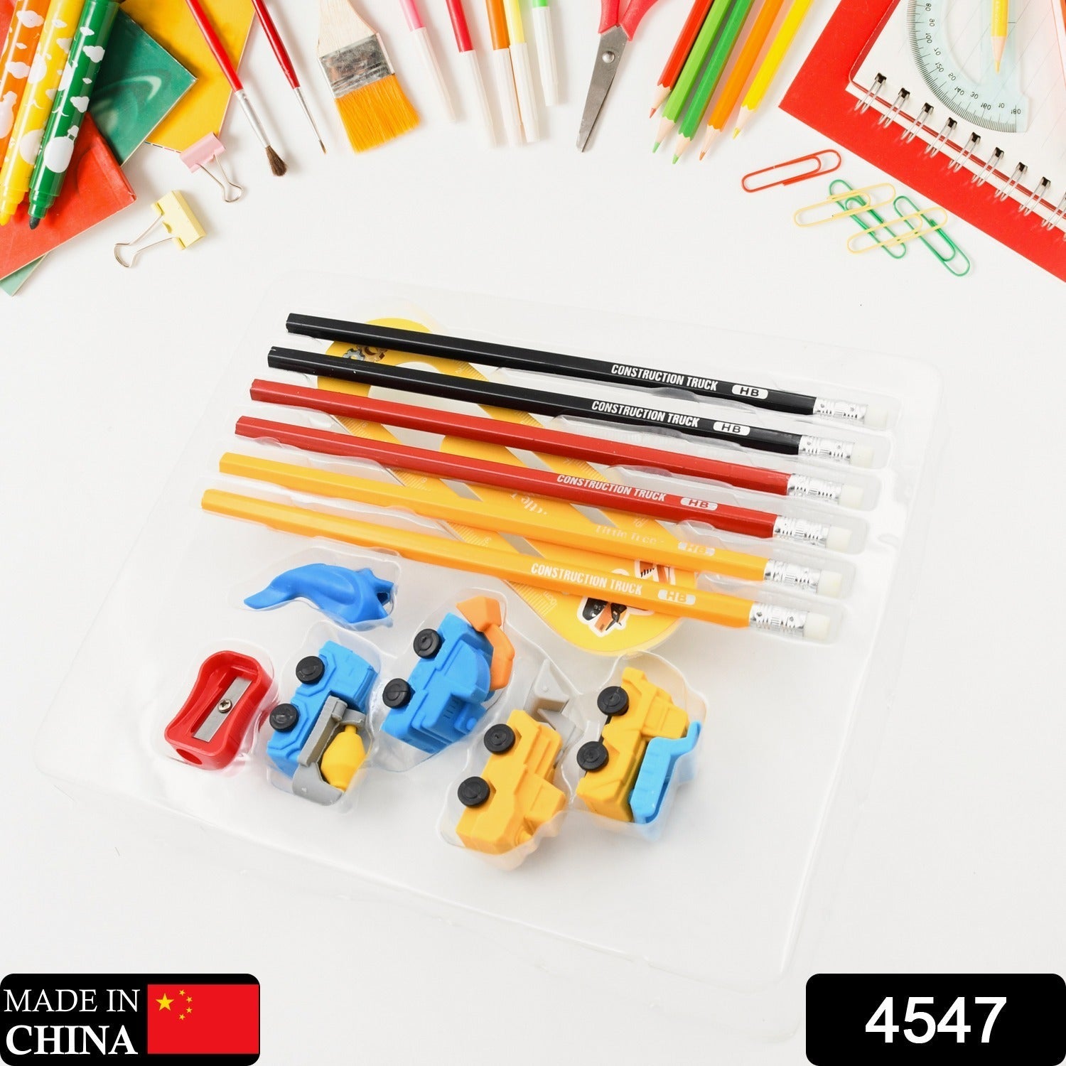 Pencil and Eraser Set, Construction Truck Theme Stationery Kit Includes 6 Pencils, 4 Erasers, 1 Sharpener, 1 Ruler Bookmark, 1 Pencil Cap Stationary For Birthday Gifts for Kids, Birthday Return Gifts (13 Pc set) - Image 2
