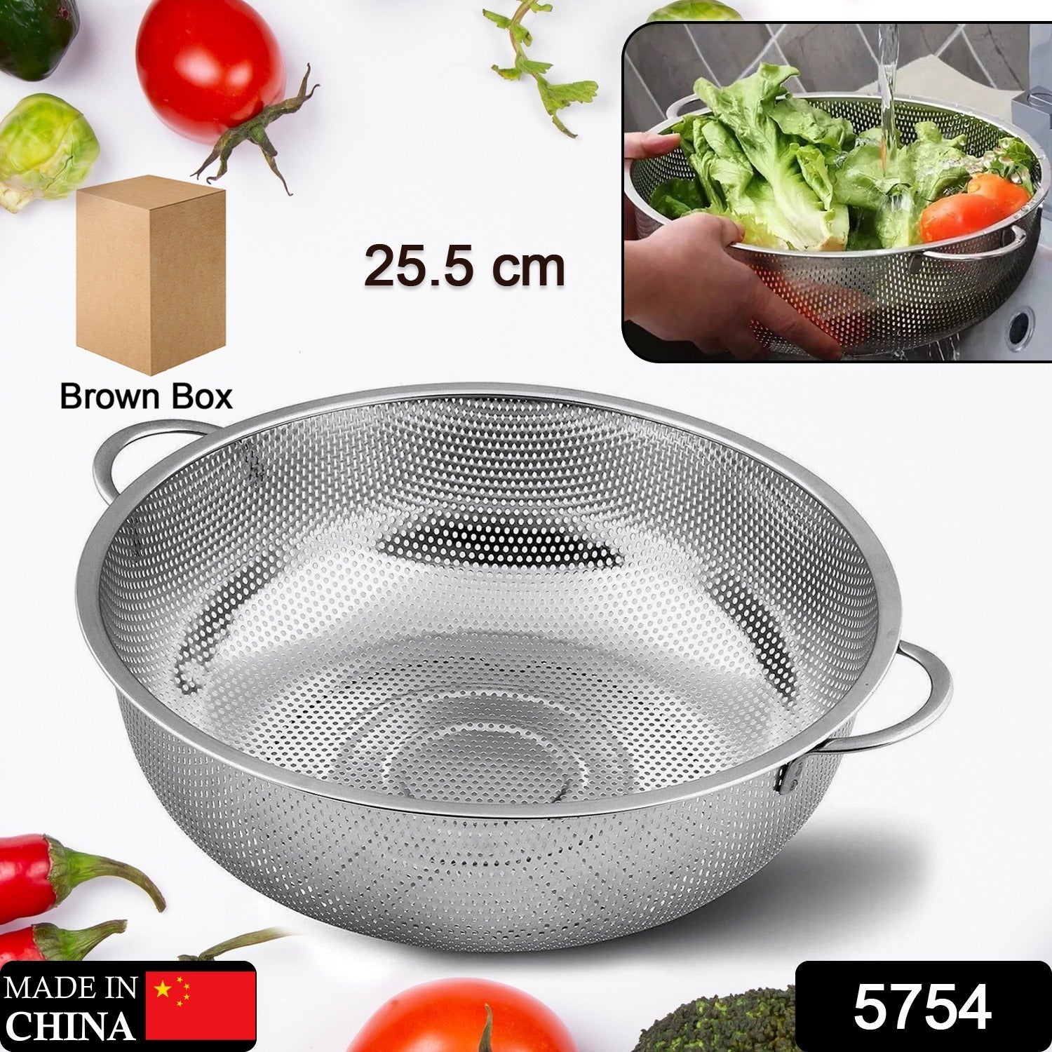 Stainless Steel Colander with Handle, Large Metal Mesh Basket Strainer for Pasta, Spaghetti, Berry, Veggies, Fruits, Kitchen Food Colander, Safe (1 pc / 25.5 cm) - Image 2