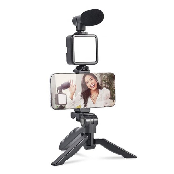 Vlogging Kit For Video Making With Mic Mini Tripod Stand Led Light  Phone Holder Clip For Making Videos (X967)